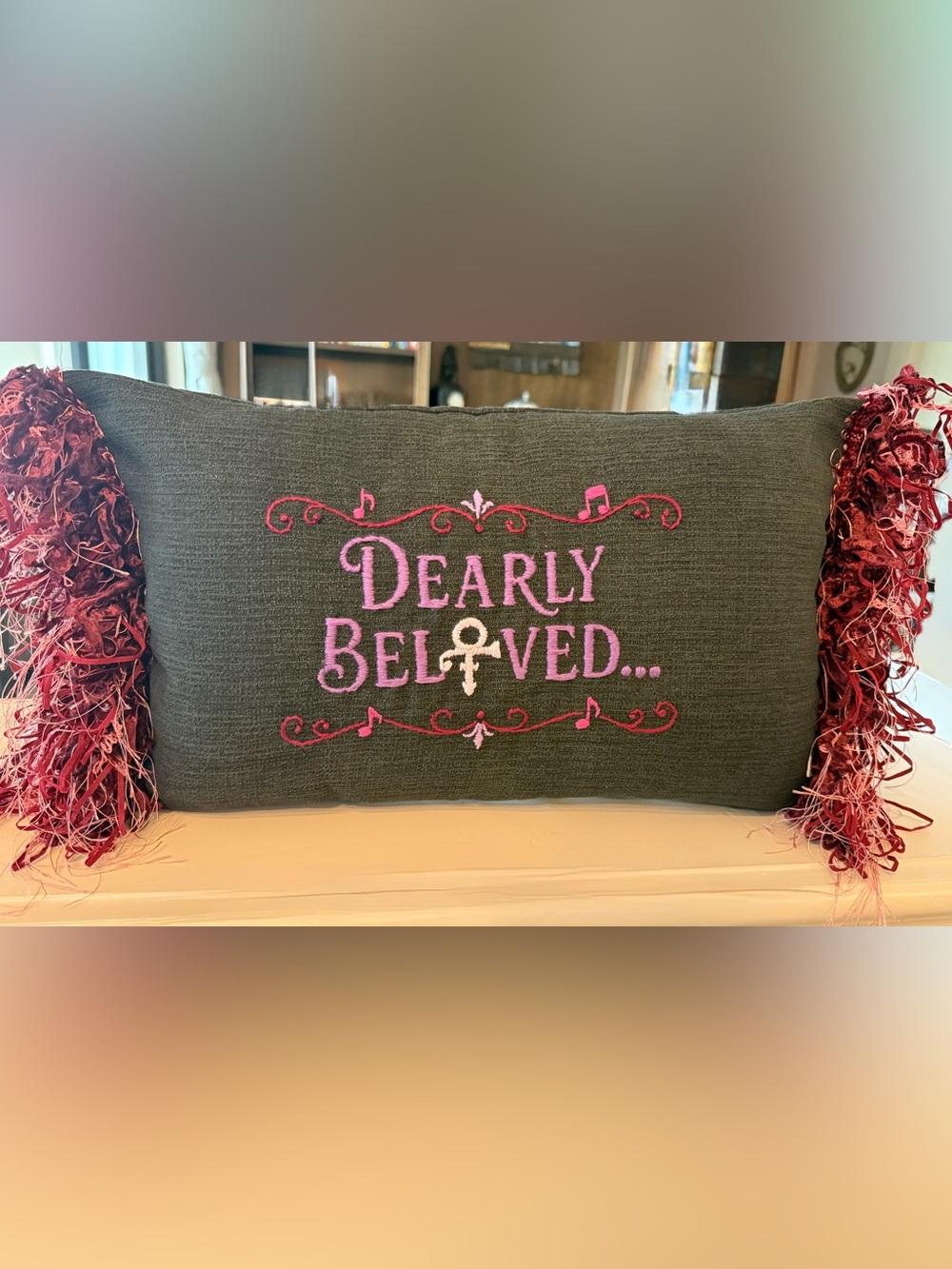 Hand Embroidered ‘Dearly Beloved’ Accent  Pillow Prince Inspired 12x20 ish